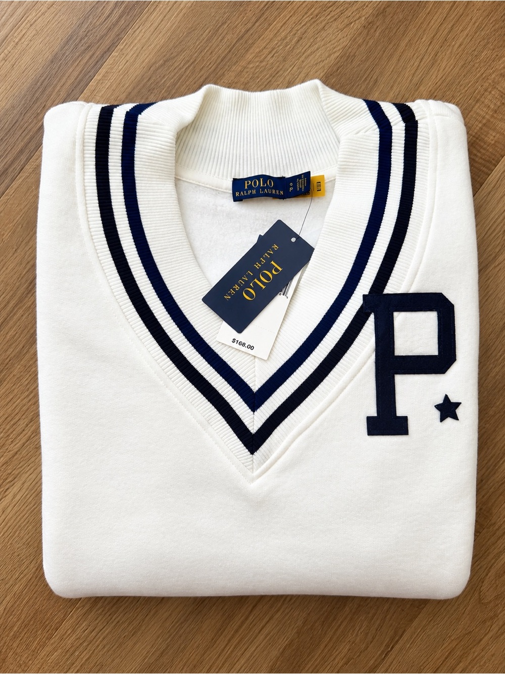 NWT - Polo Ralph Lauren Varsity V-Neck Sweatshirt – White/Navy – Size Small